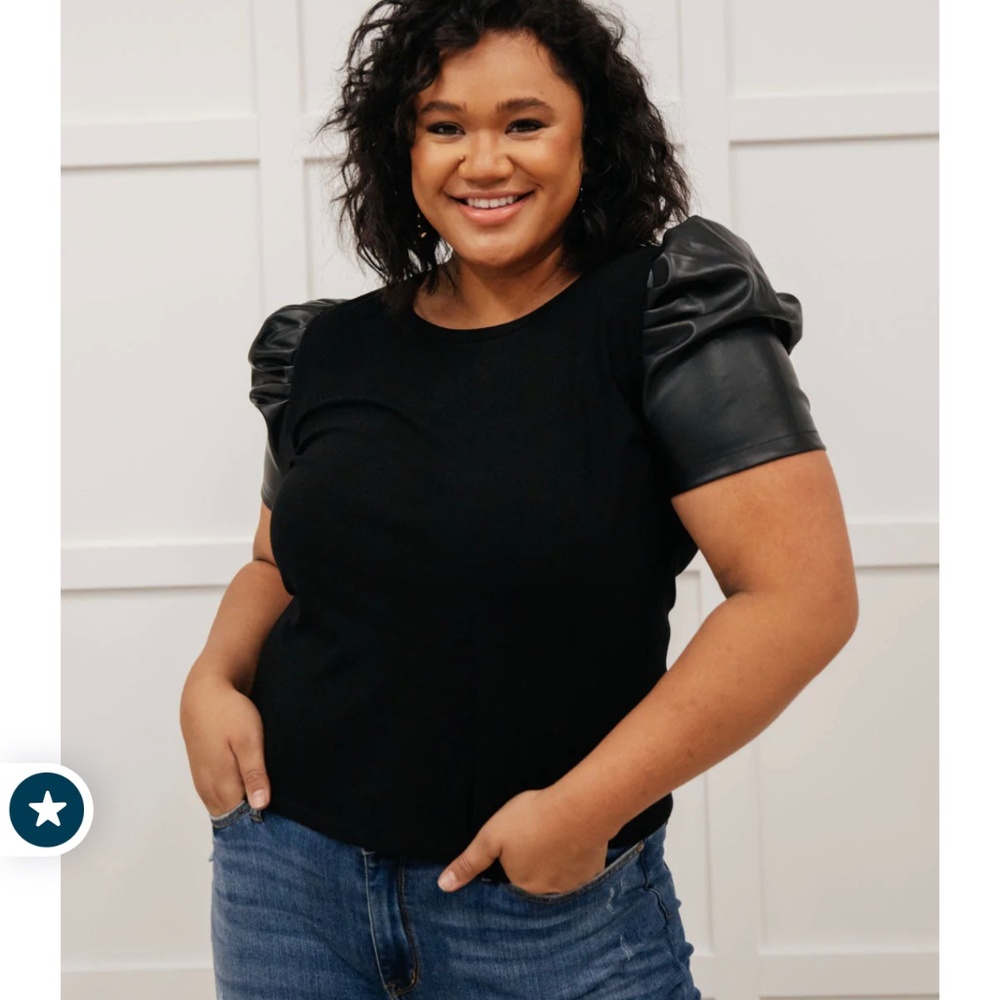 Black faux leather puff sleeve top